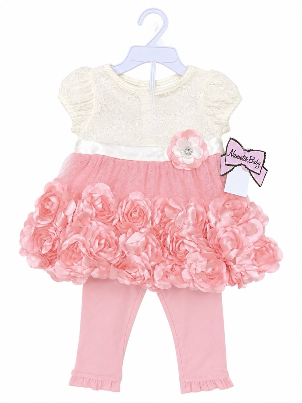 Nanette Baby Ivory Lace Top Pink Rose Tulle Dress with Pink Leggings